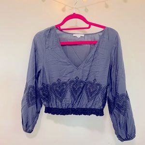 American Eagle Boho Gray Long Sleeve Crop Top Sz S Embroidered